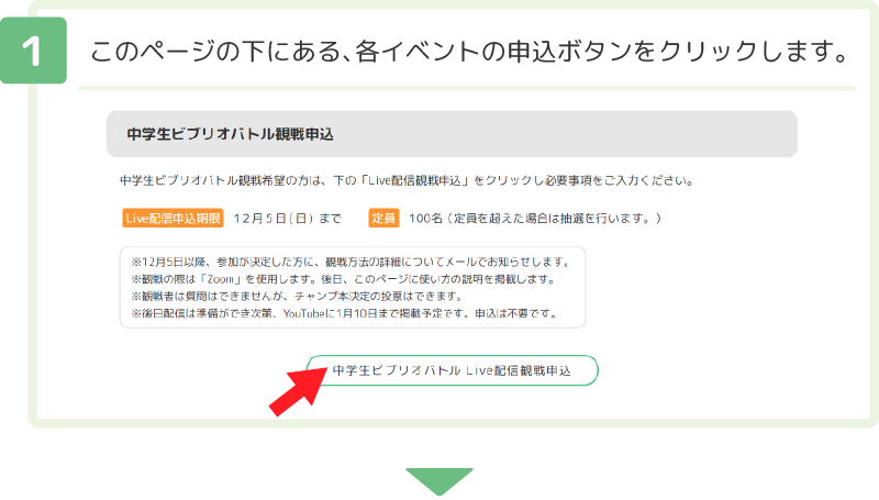 １ このページの下にある、各イベントの申込ボタンをクリックします。